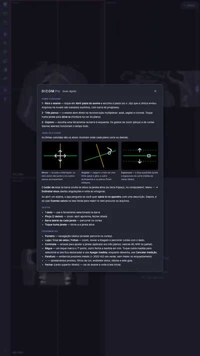 Guia rápido em uma folha sobre a tela, com as seções Como funciona, Janelas e eixos, Gestos e Ferramentas; no meio, três desenhos explicando as alças de mover, angular e espessura.